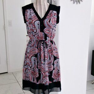 Enfocus Studio Chiffon Navy Blue Red White Paisley Print V-Neck Dress Sz 4 / S